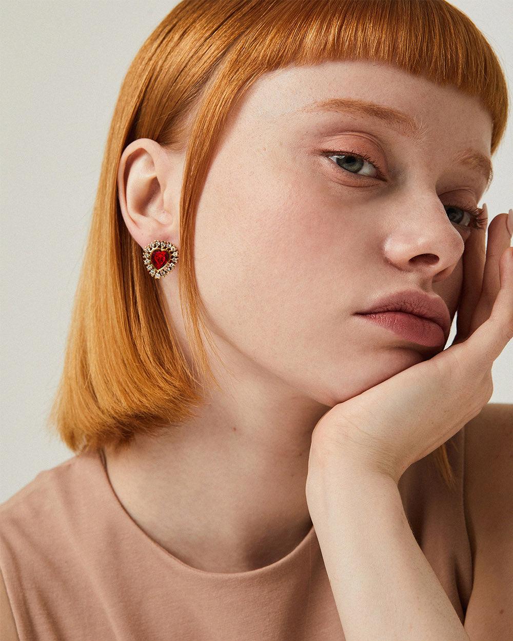 Jewel Heart Stud Earrings Red