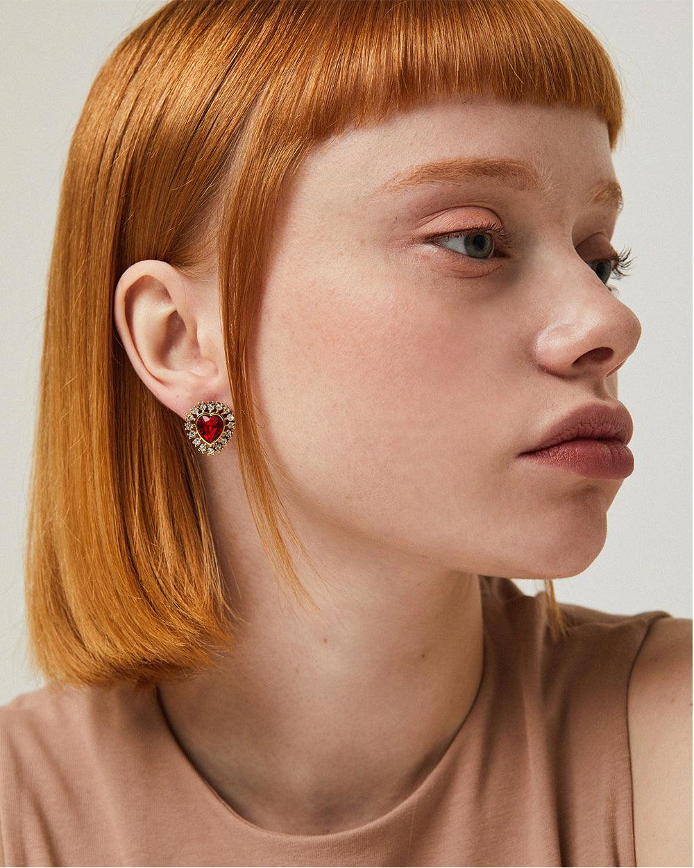 Jewel Heart Stud Earrings Red
