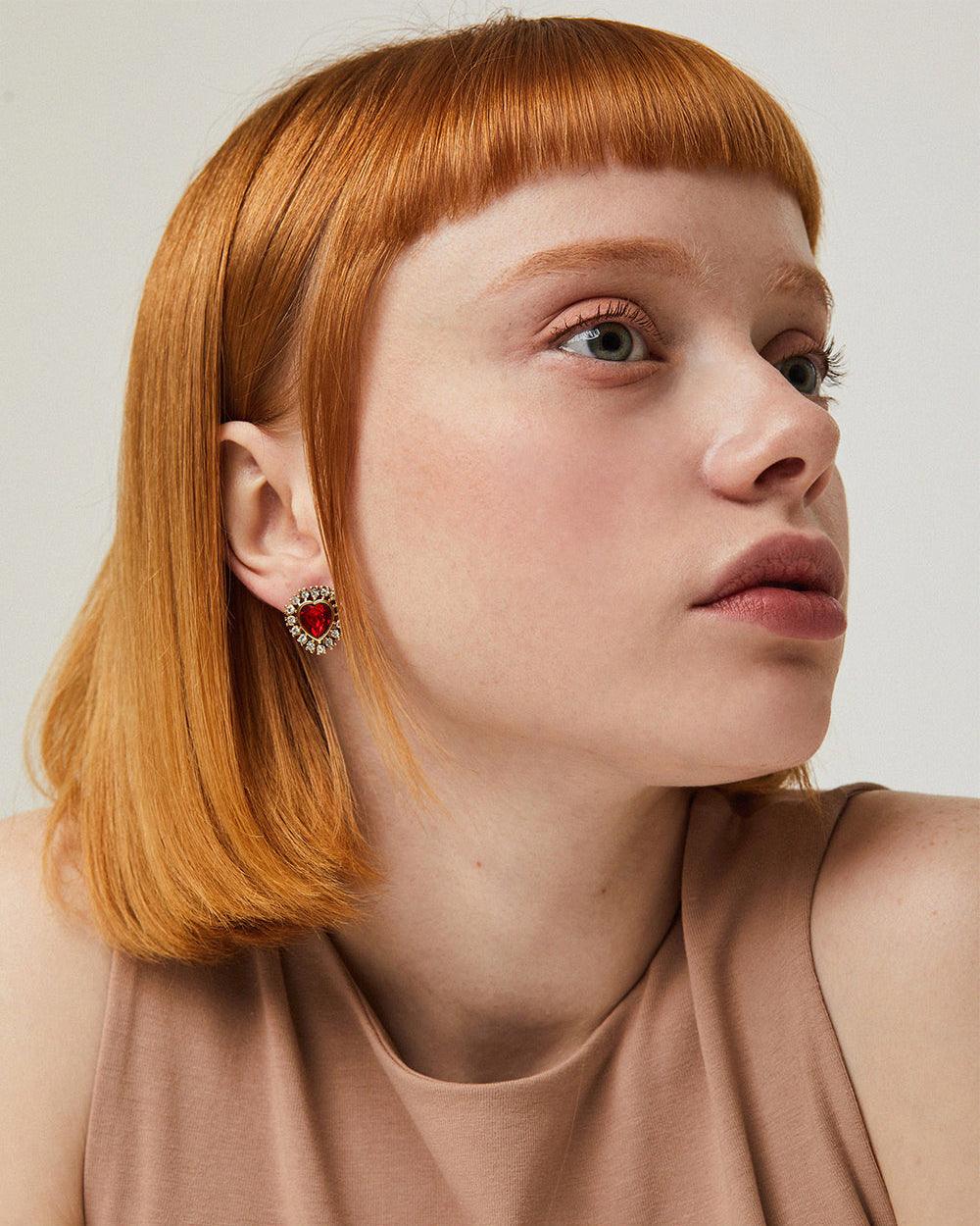 Jewel Heart Stud Earrings Red