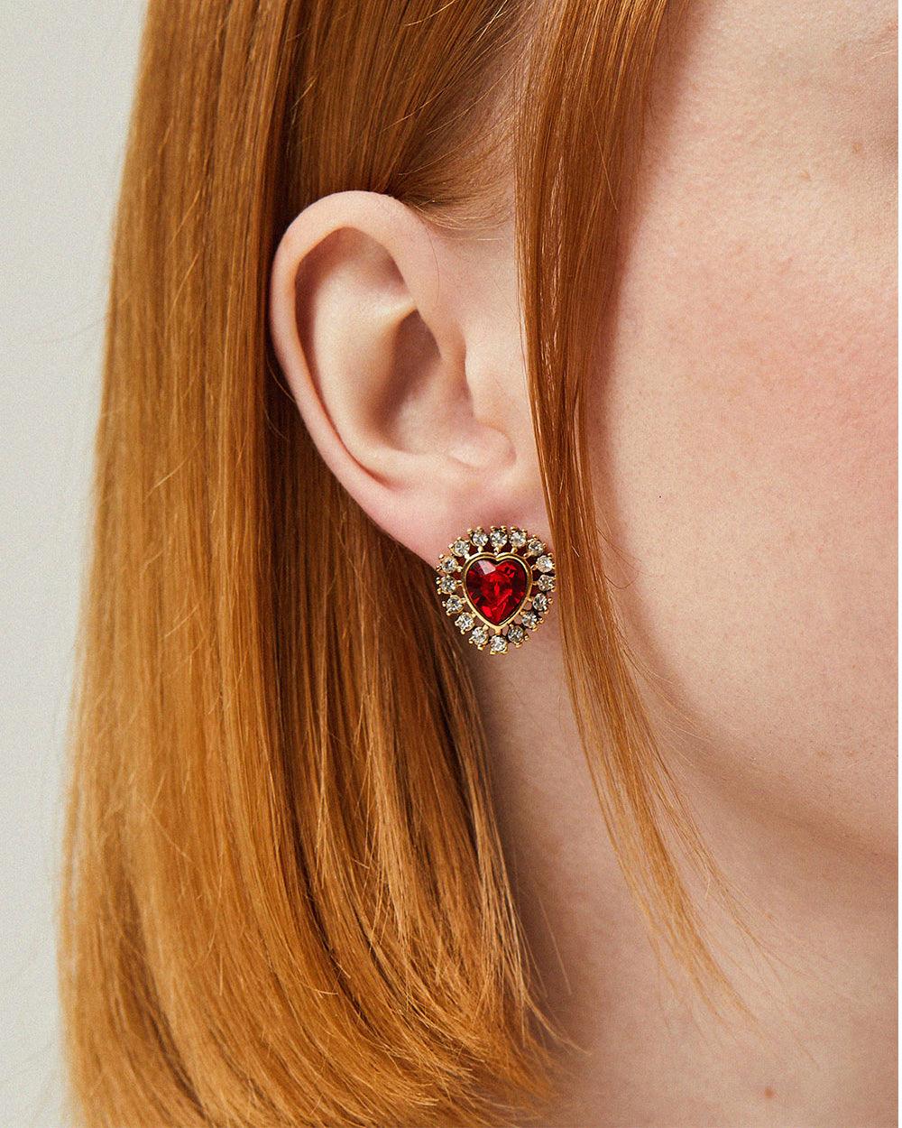 Jewel Heart Stud Earrings Red