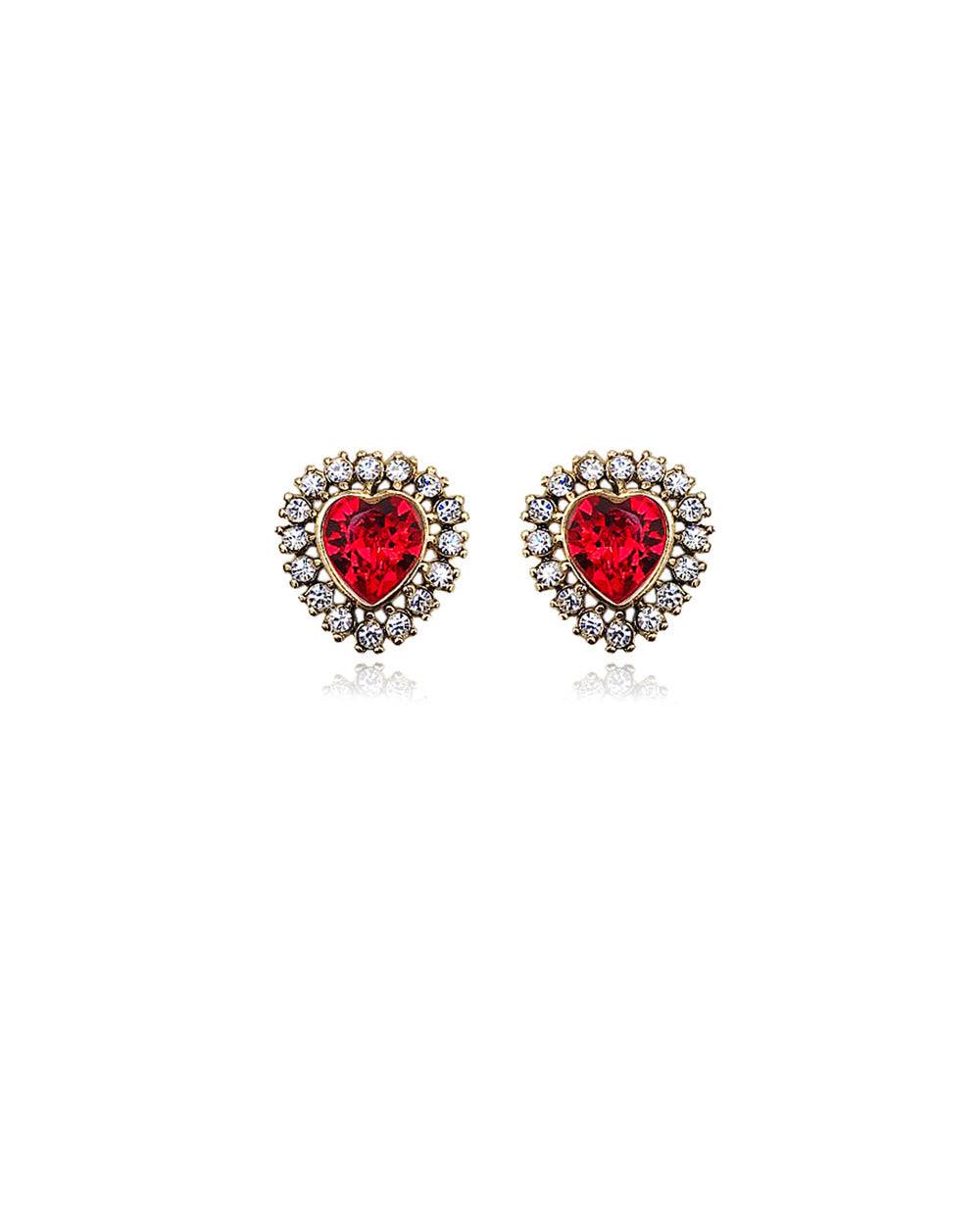 Jewel Heart Stud Earrings Red