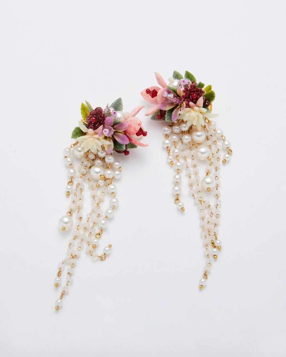 Flower Blast Large Tassel Earrings Burgundy