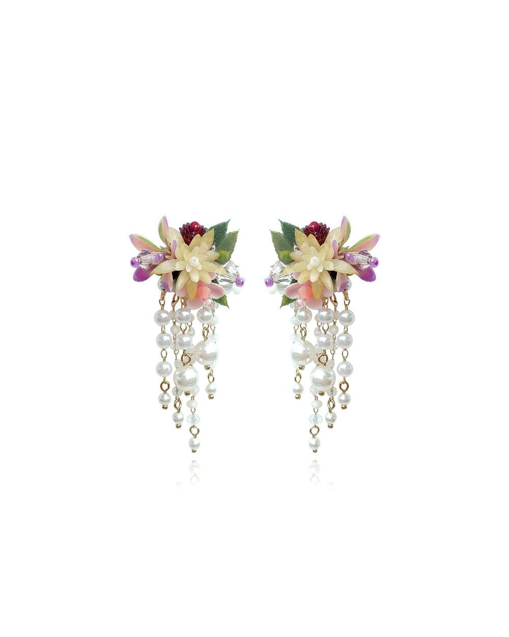 Flower Blast Small Tassel Earrings Burgundy